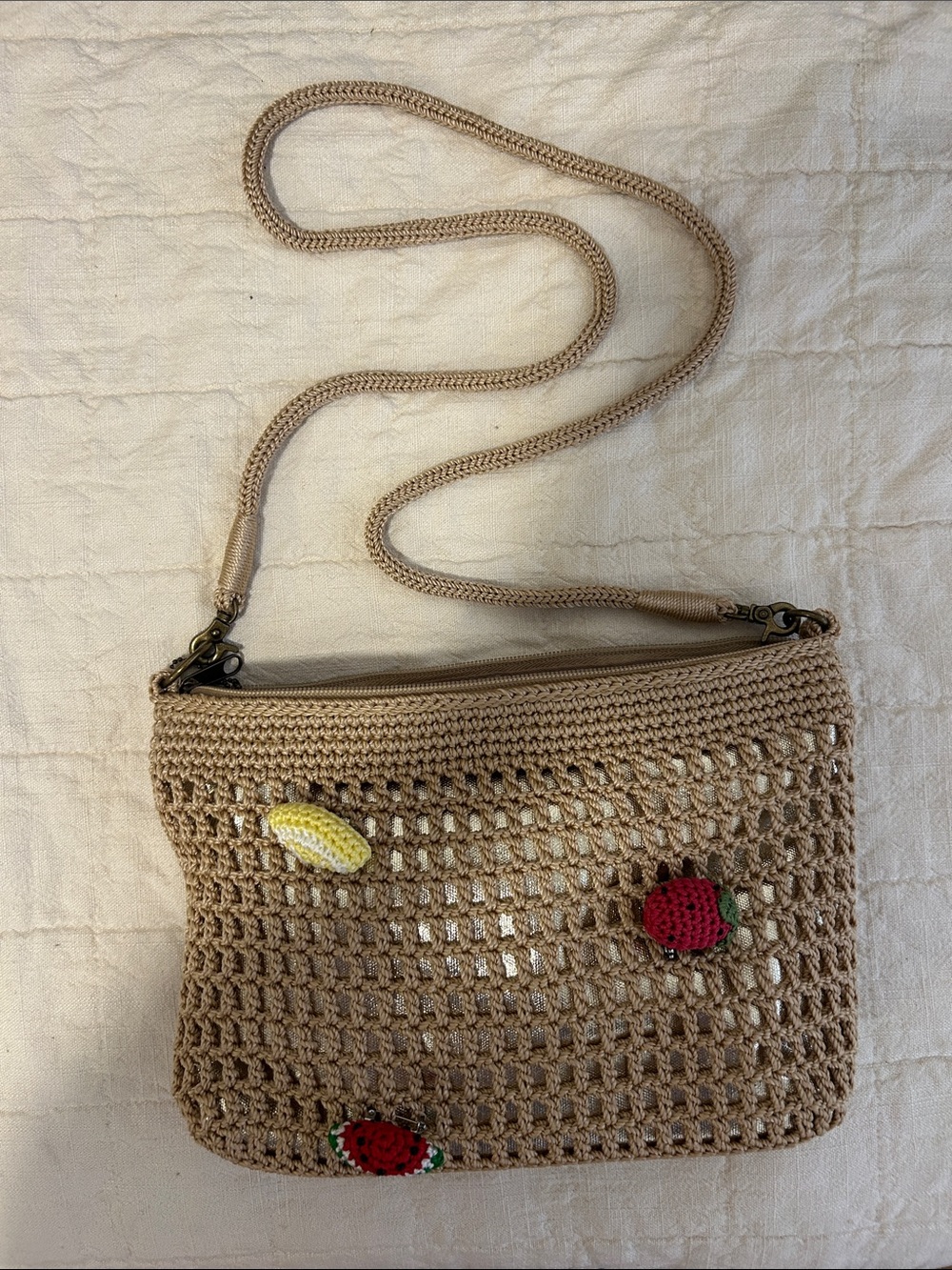 The Sak Beige Woven Crossbody with Crochet Fruit Appliqués